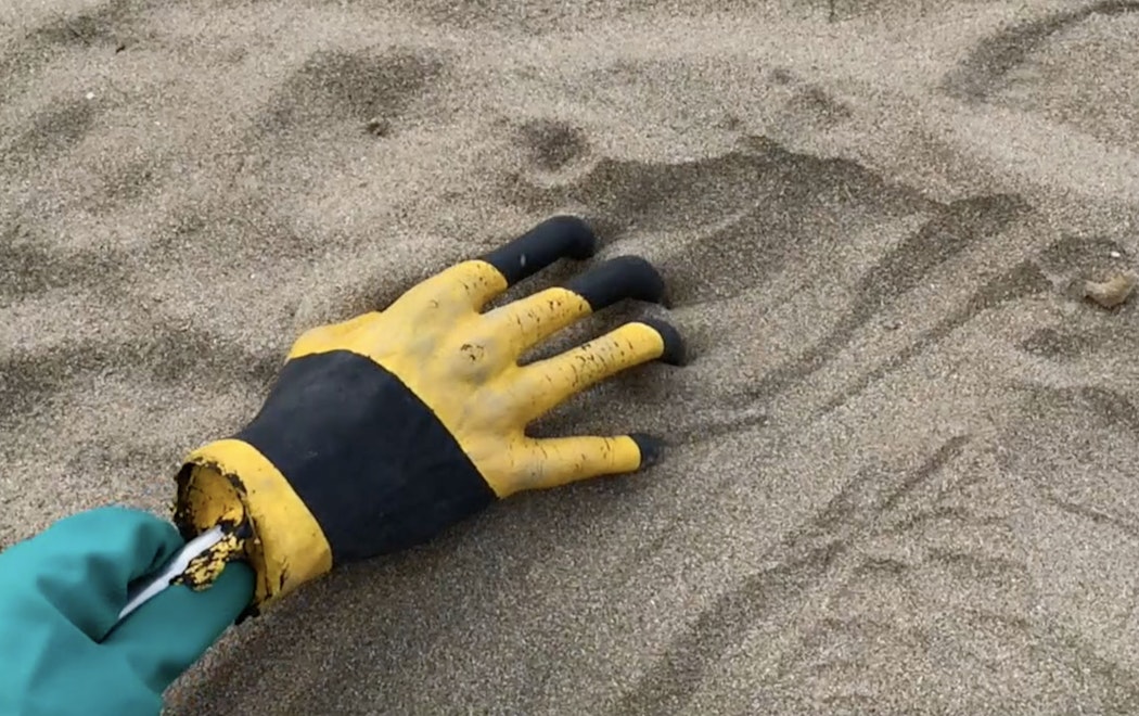 The artists hand with a rubber glove on, holds a sculpture of a hand also wearing a rubber glove. They hold the sculpture by a stick are raking sand with it.